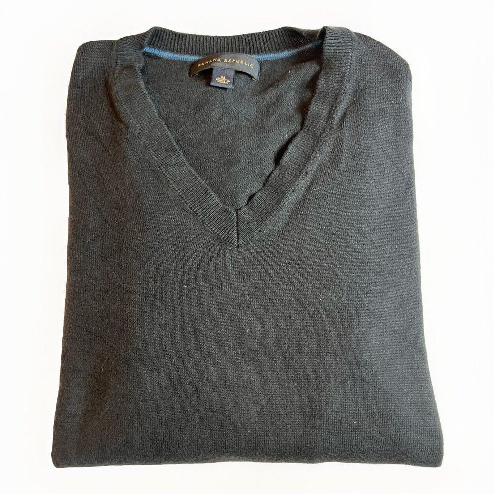 BANANA REPUBLIC Silk Blend V-Neck Long Sleeve Navy Pullover Sweater Men's M‎